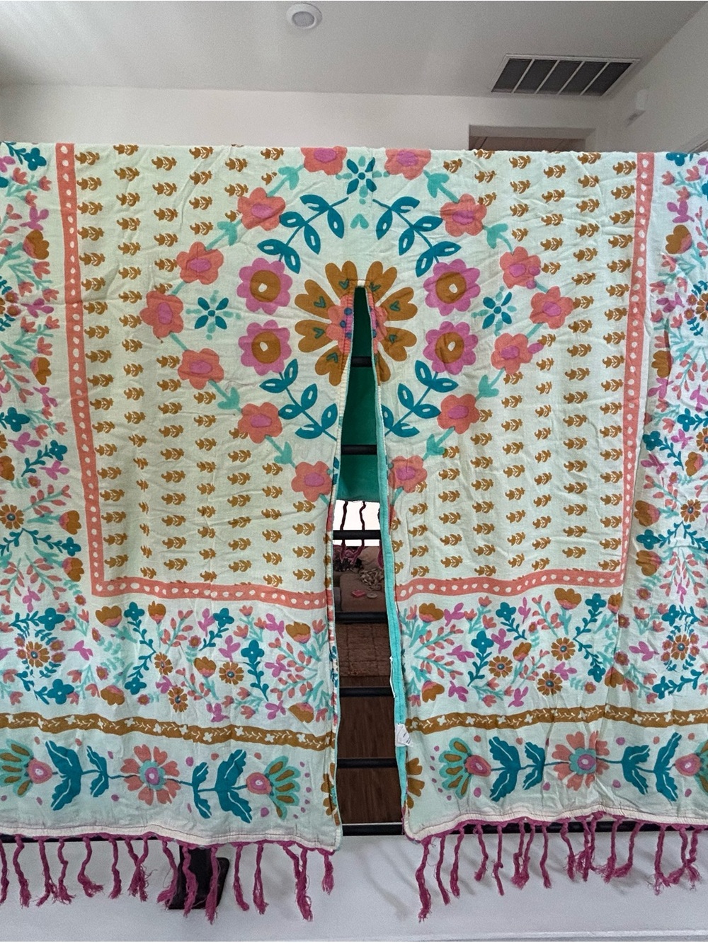 Floral Embroidered Cotton Throw Blanket in Cream, Pink & Teal